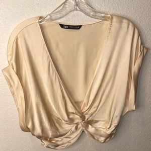 Zara Satin Cuffed Sleeve Knotted front Crop Top in Buttercream Yellow